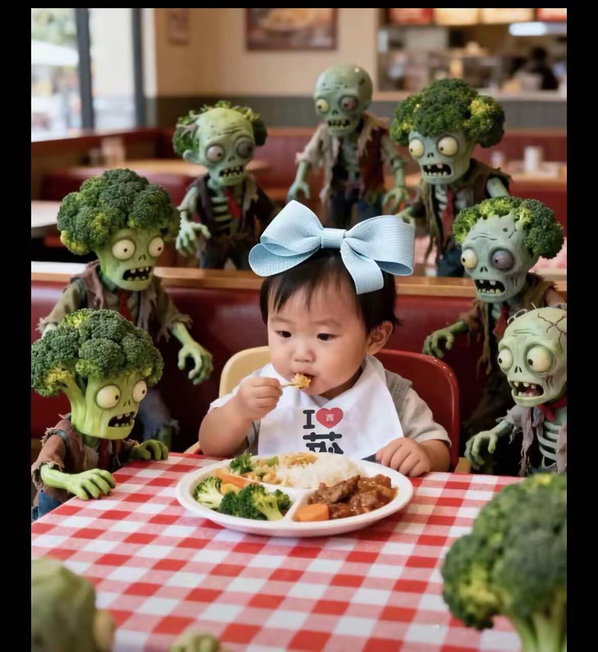 孩子在吃比自己年龄还大的西蓝花